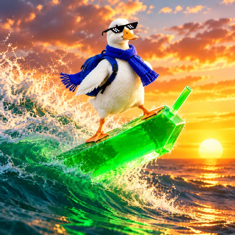 Duck surfing a green candle